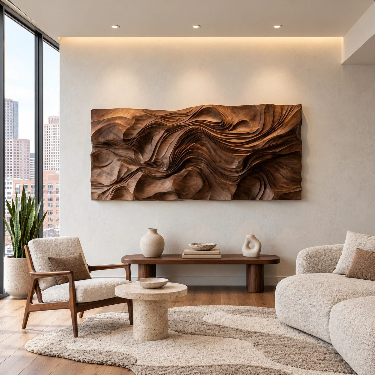 Modern Wood Wall Art With Flowing Carved Grain For Living Room