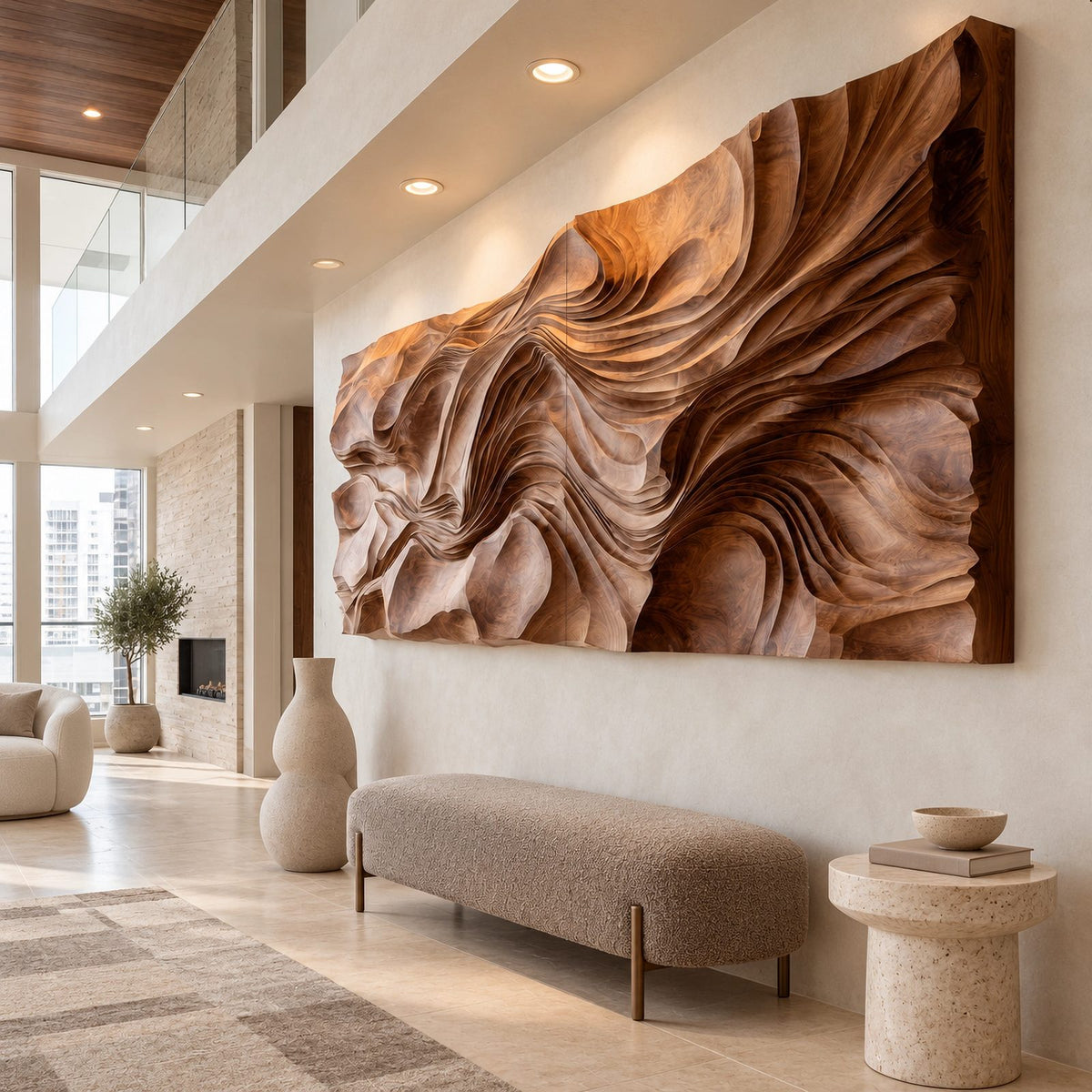 Modern Wood Wall Art With Flowing Carved Grain For Living Room