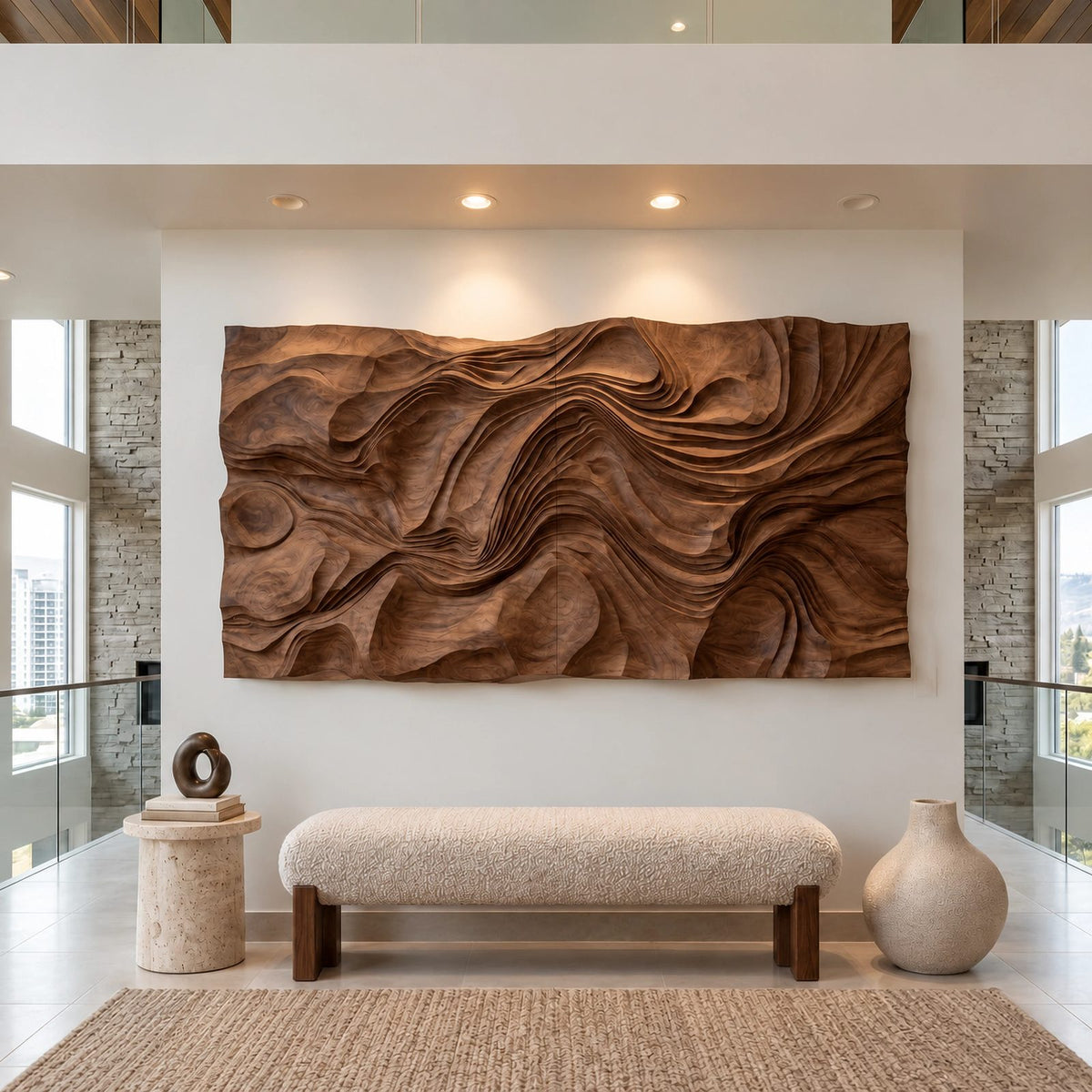 Modern Wood Wall Art With Flowing Carved Grain For Living Room