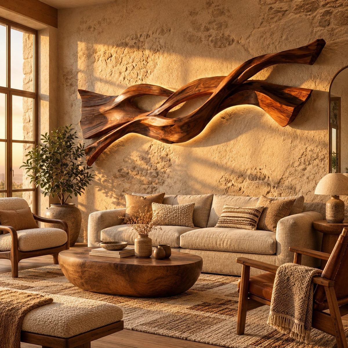 Sculptural Wood Wall Art With Twisting Branch Form For Living Room