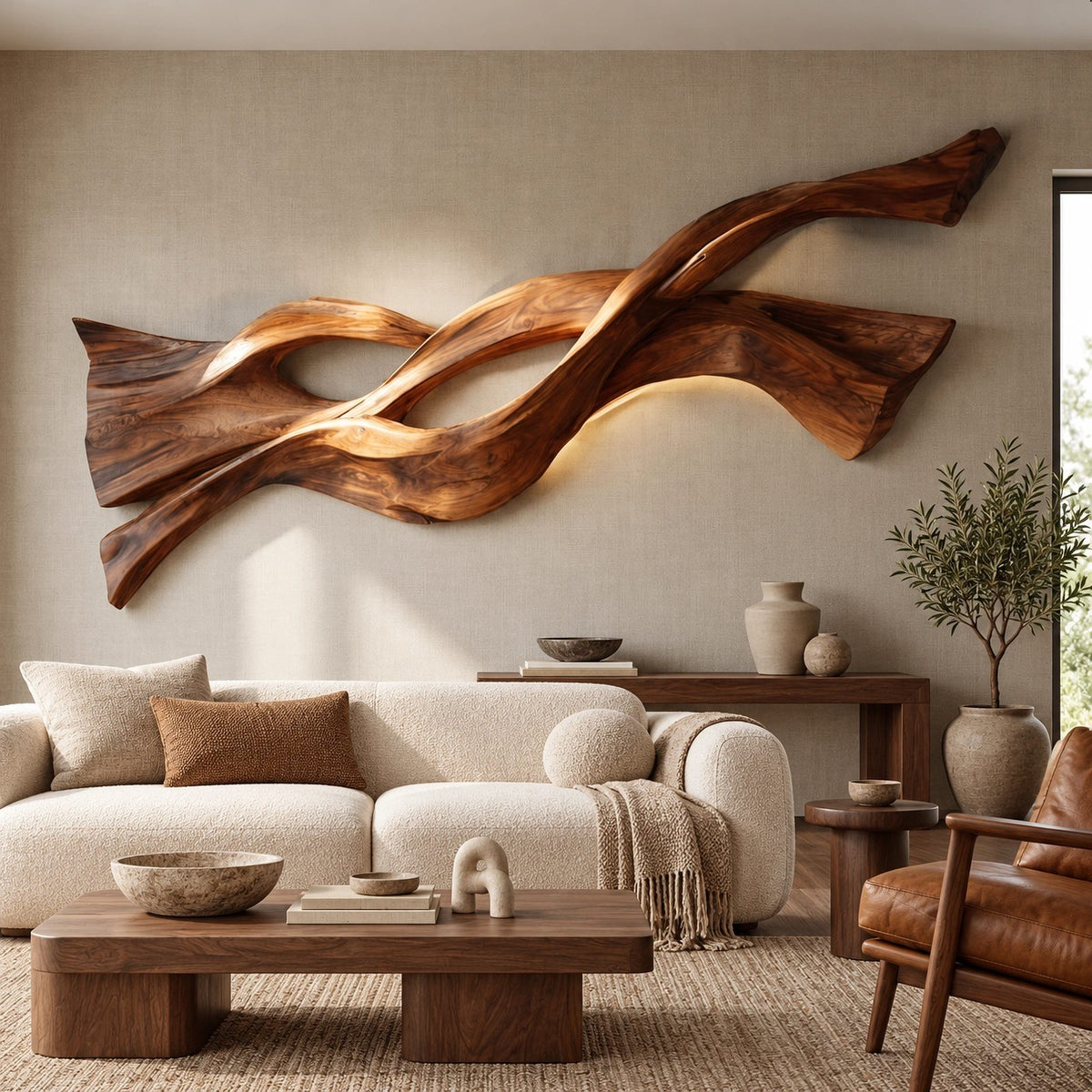 Sculptural Wood Wall Art With Twisting Branch Form For Living Room