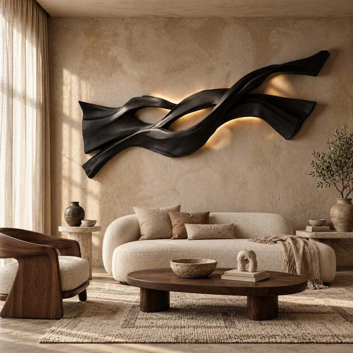 Sculptural Wood Wall Art With Twisting Branch Form For Living Room