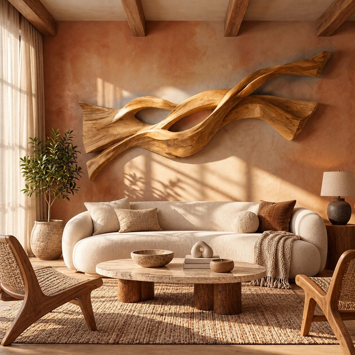 Sculptural Wood Wall Art With Twisting Branch Form For Living Room