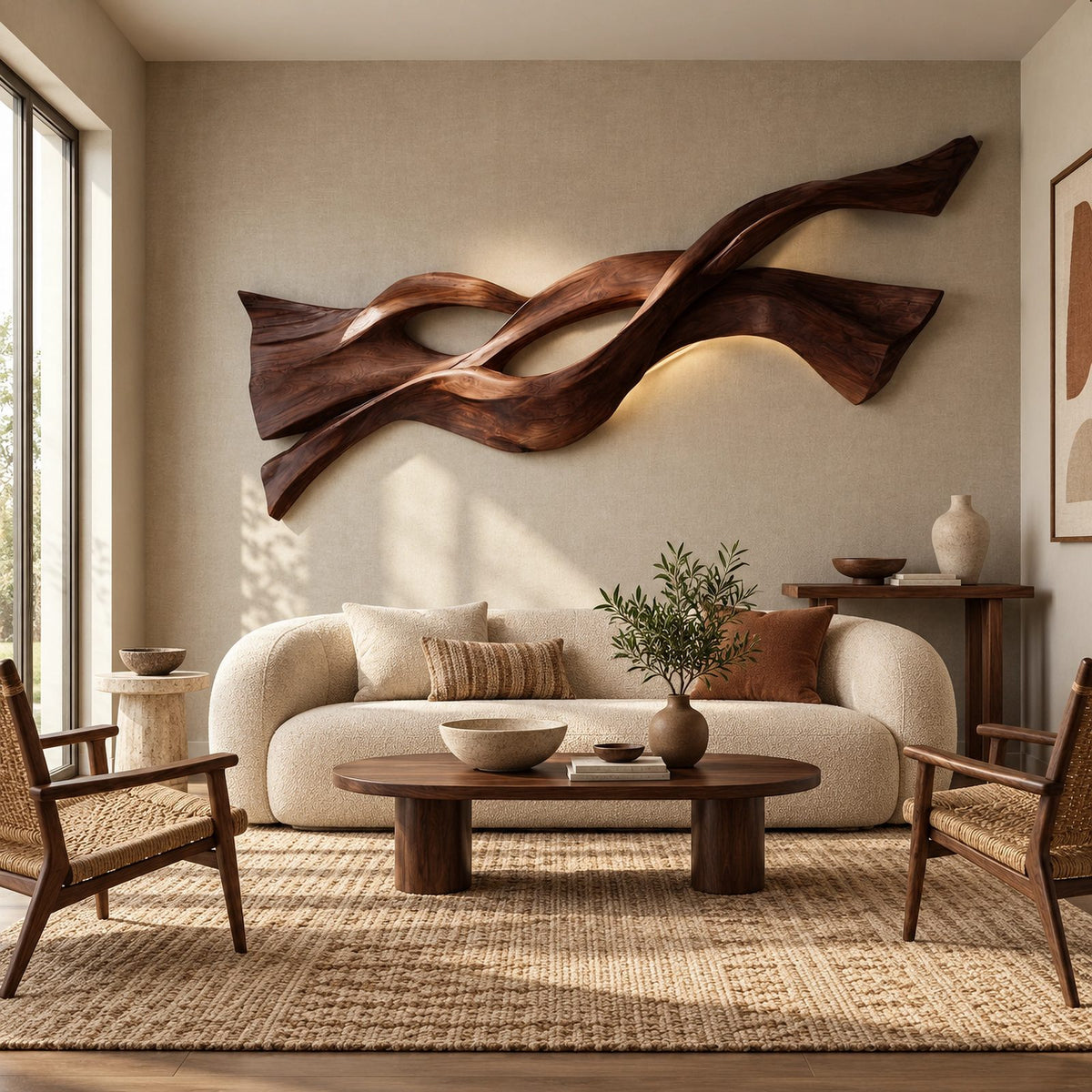 Sculptural Wood Wall Art With Twisting Branch Form For Living Room