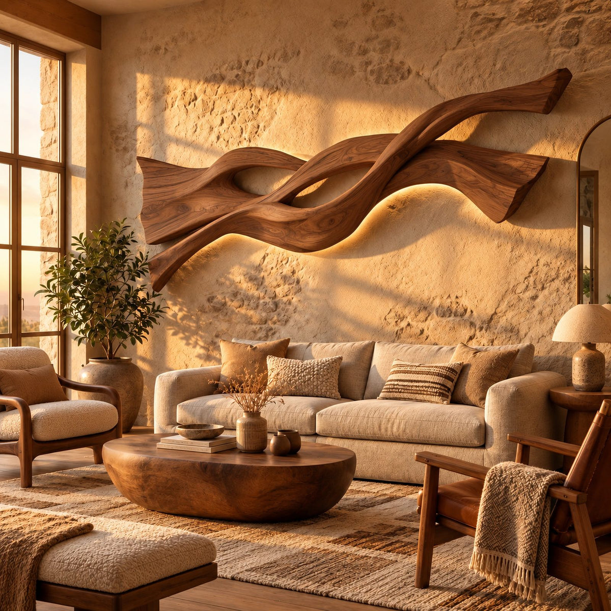 Sculptural Wood Wall Art With Twisting Branch Form For Living Room