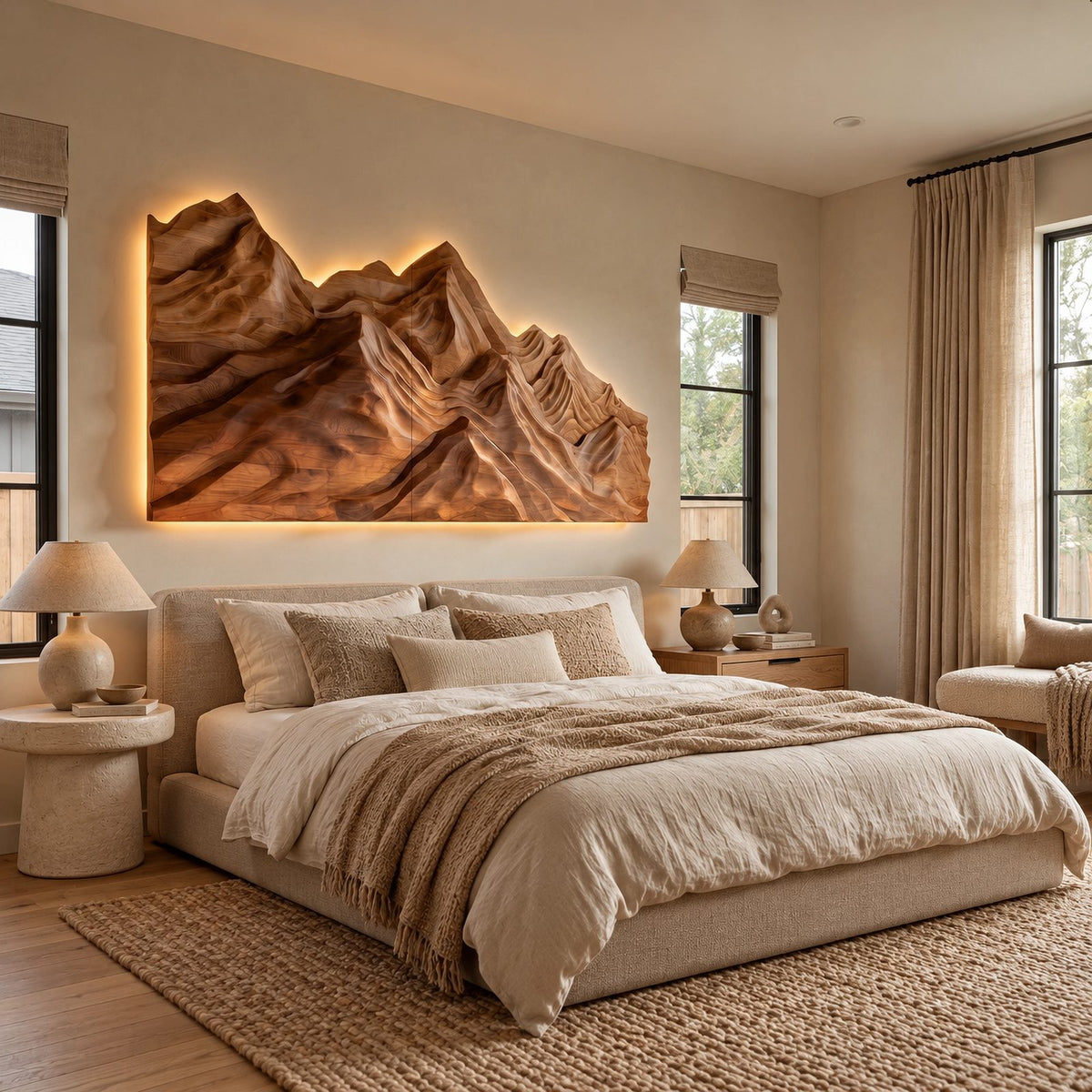 Rustic Wood Wall Art With Carved Mountain Range For Bedroom