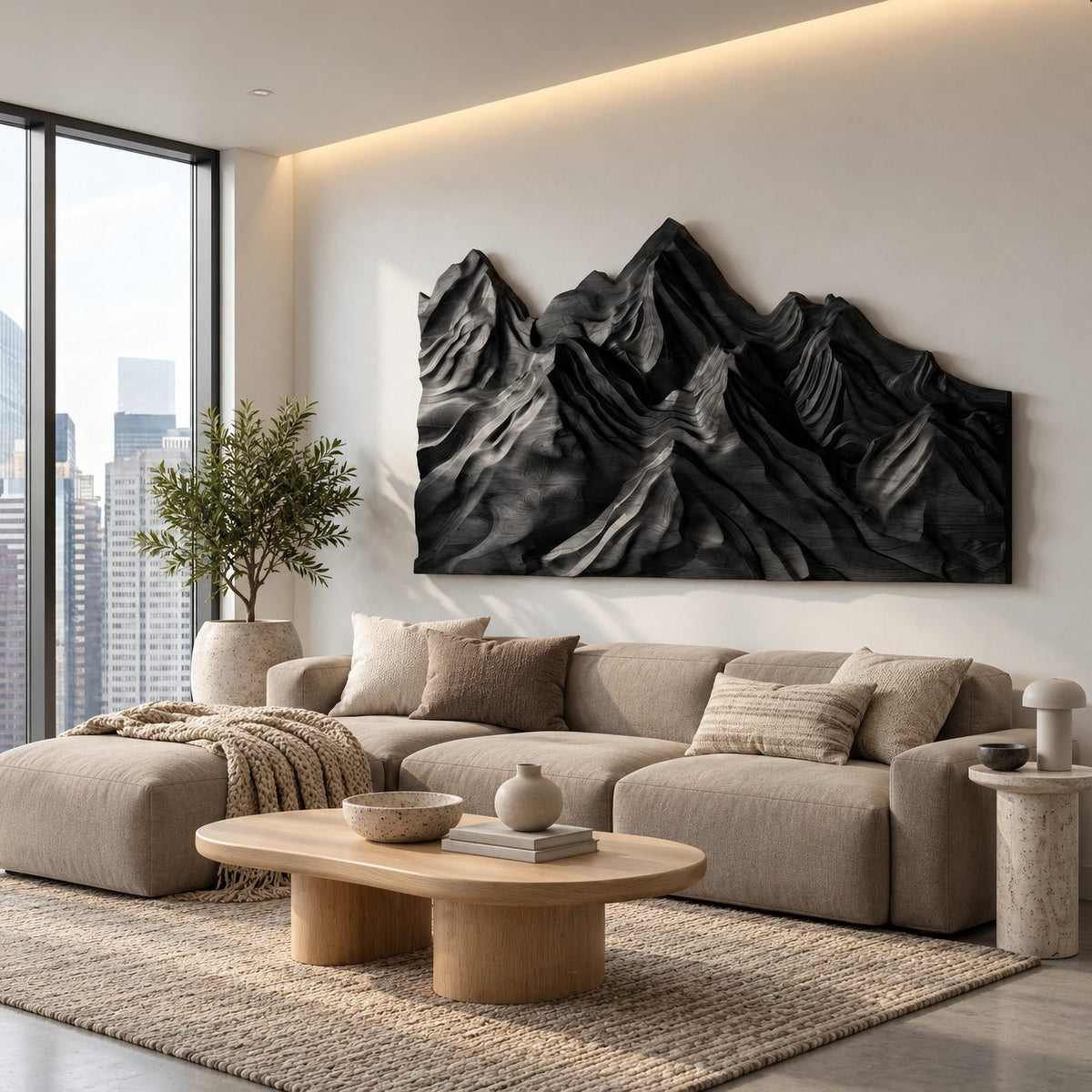 Rustic Wood Wall Art With Carved Mountain Range For Bedroom