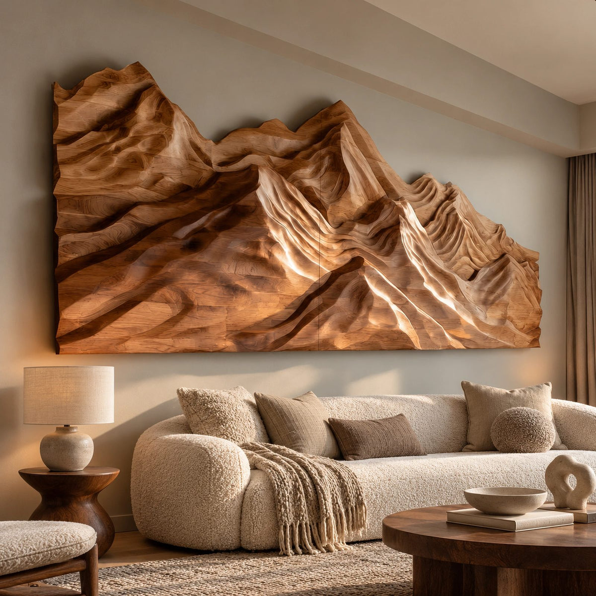 Rustic Wood Wall Art With Carved Mountain Range For Bedroom
