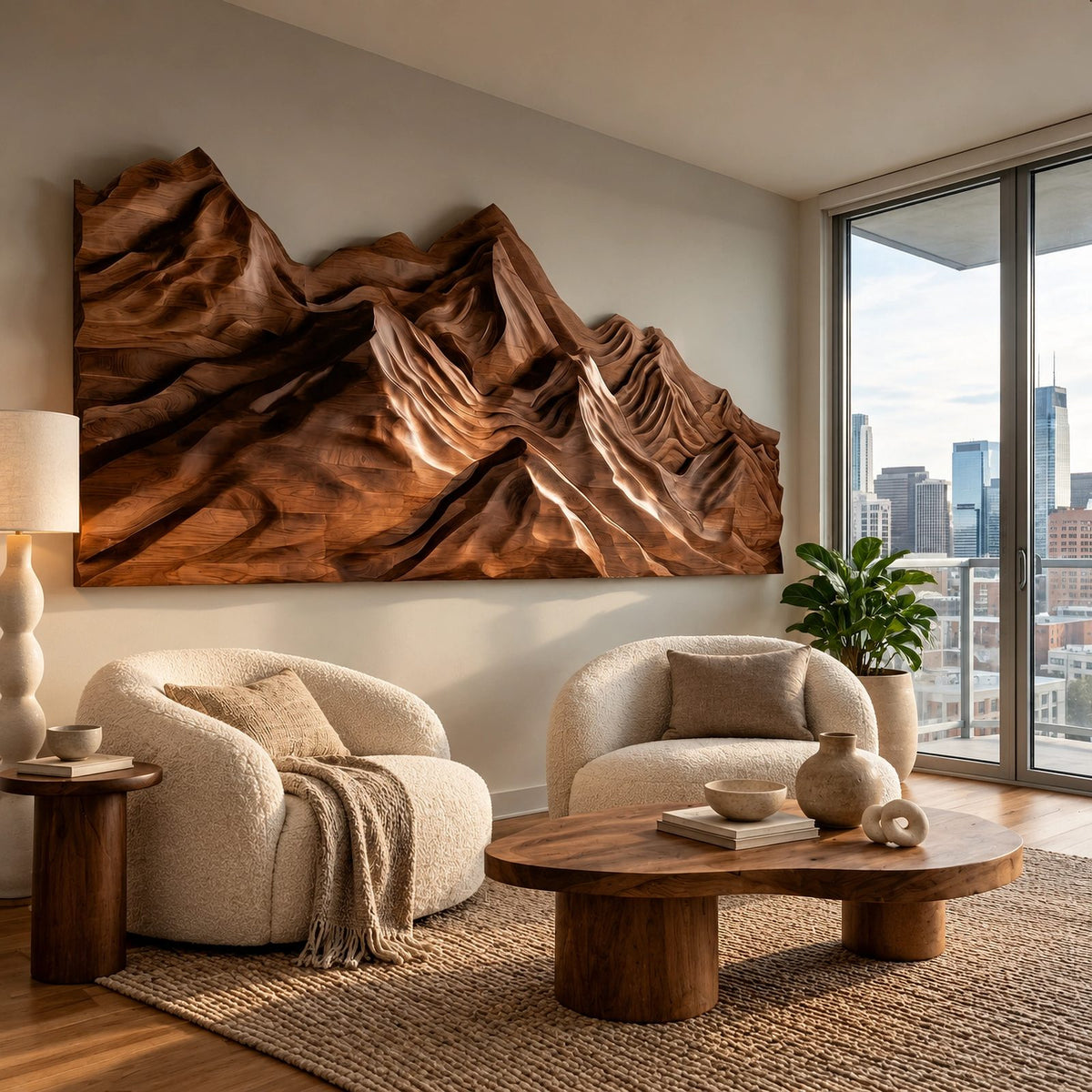 Rustic Wood Wall Art With Carved Mountain Range For Bedroom