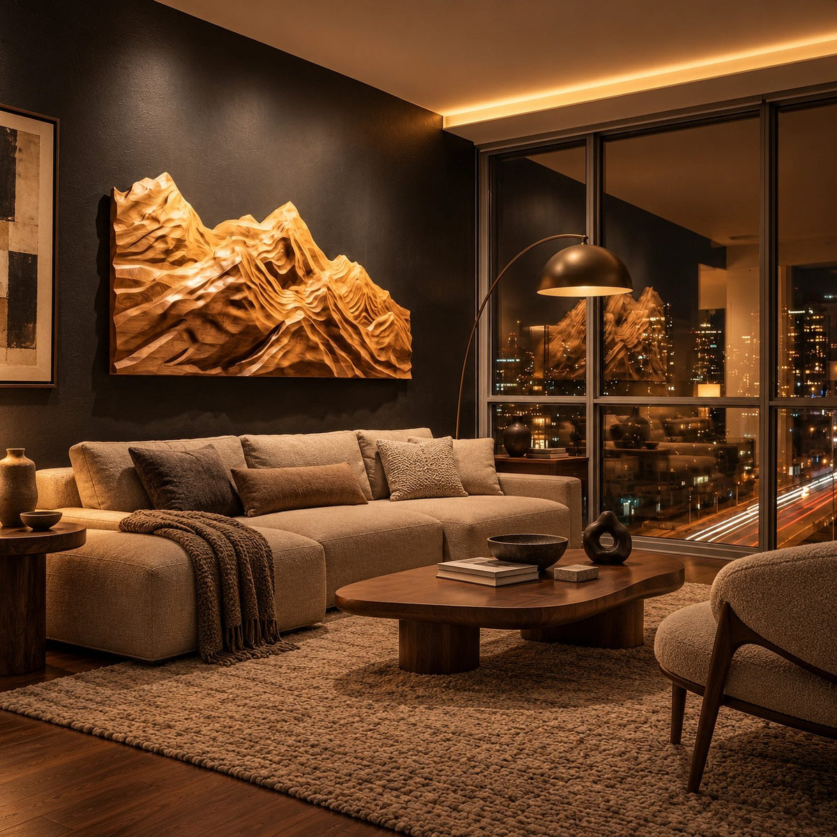 Rustic Wood Wall Art With Carved Mountain Range For Bedroom