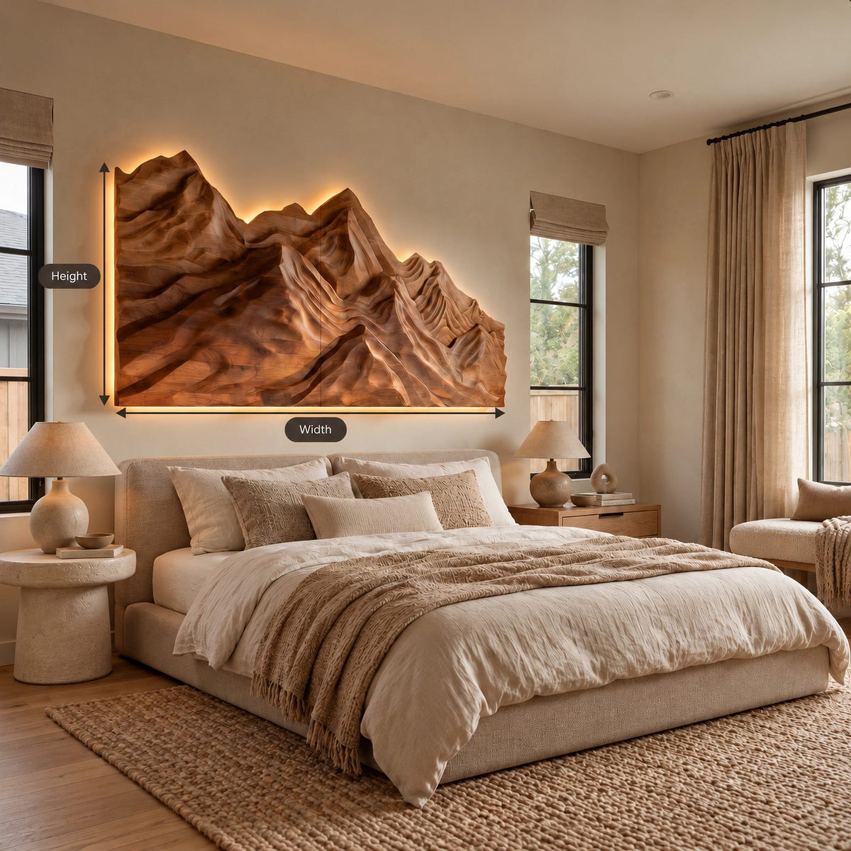 Rustic Wood Wall Art With Carved Mountain Range For Bedroom