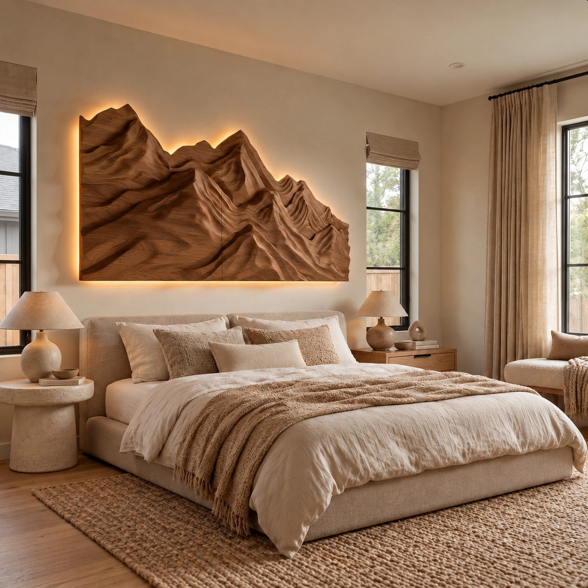 Rustic Wood Wall Art With Carved Mountain Range For Bedroom