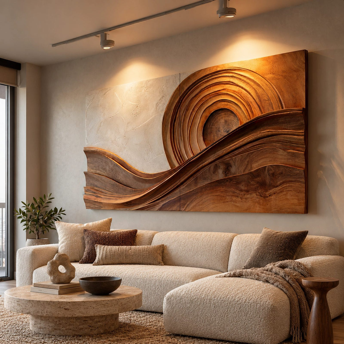 Modern Wood Wall Art With Layered Spiral Wave For Living Room