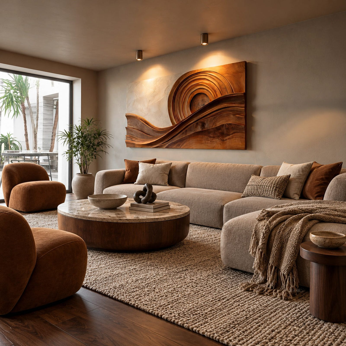 Modern Wood Wall Art With Layered Spiral Wave For Living Room