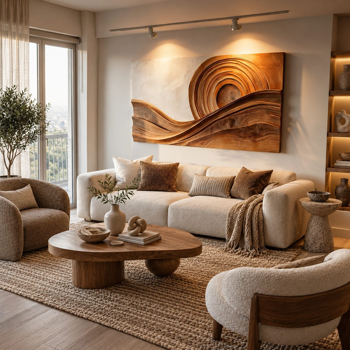 Modern Wood Wall Art With Layered Spiral Wave For Living Room