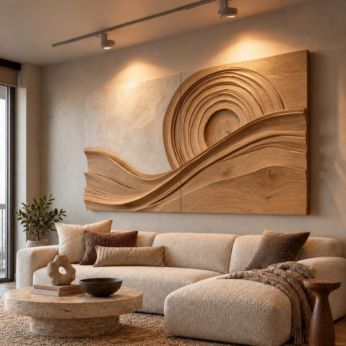 Modern Wood Wall Art With Layered Spiral Wave For Living Room