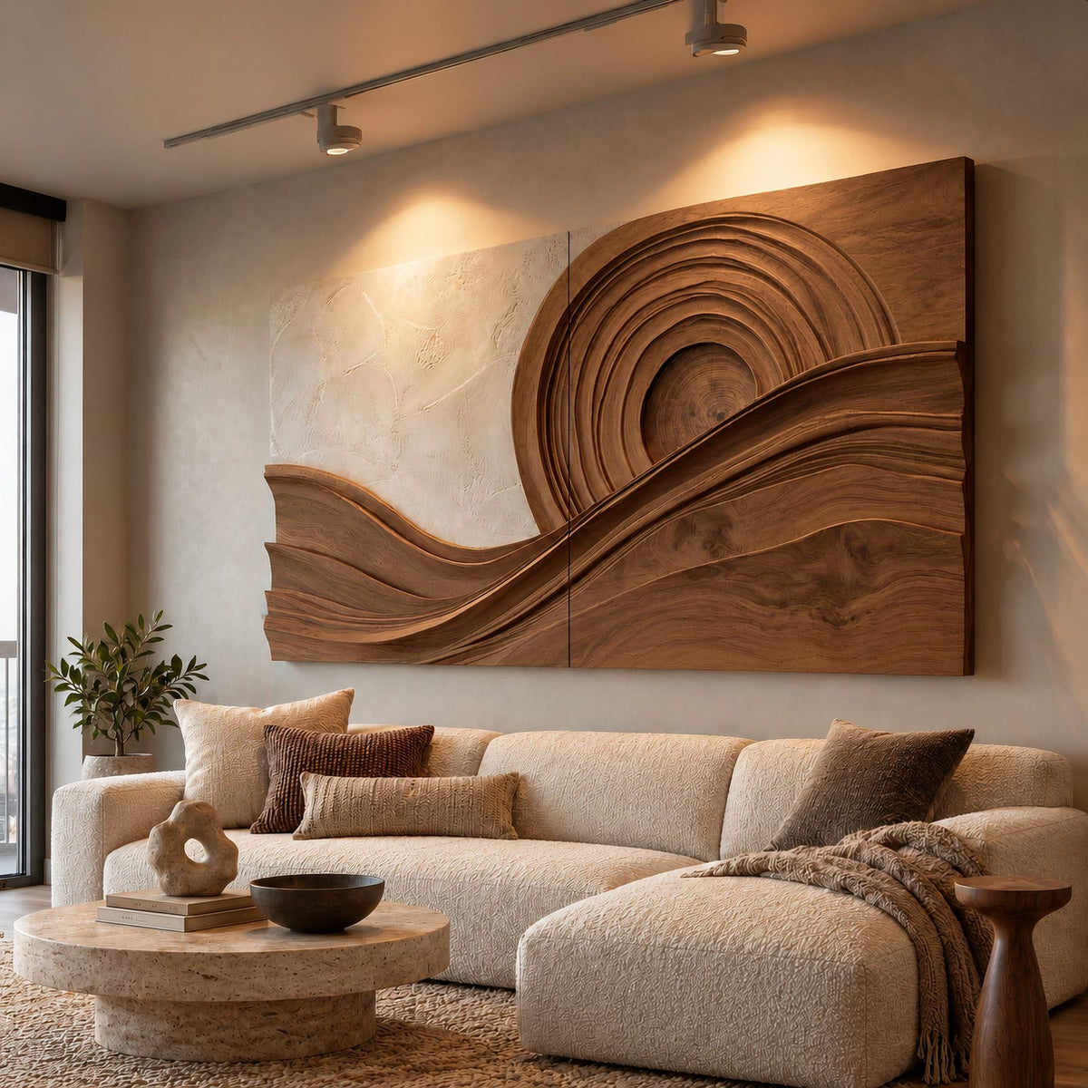 Modern Wood Wall Art With Layered Spiral Wave For Living Room