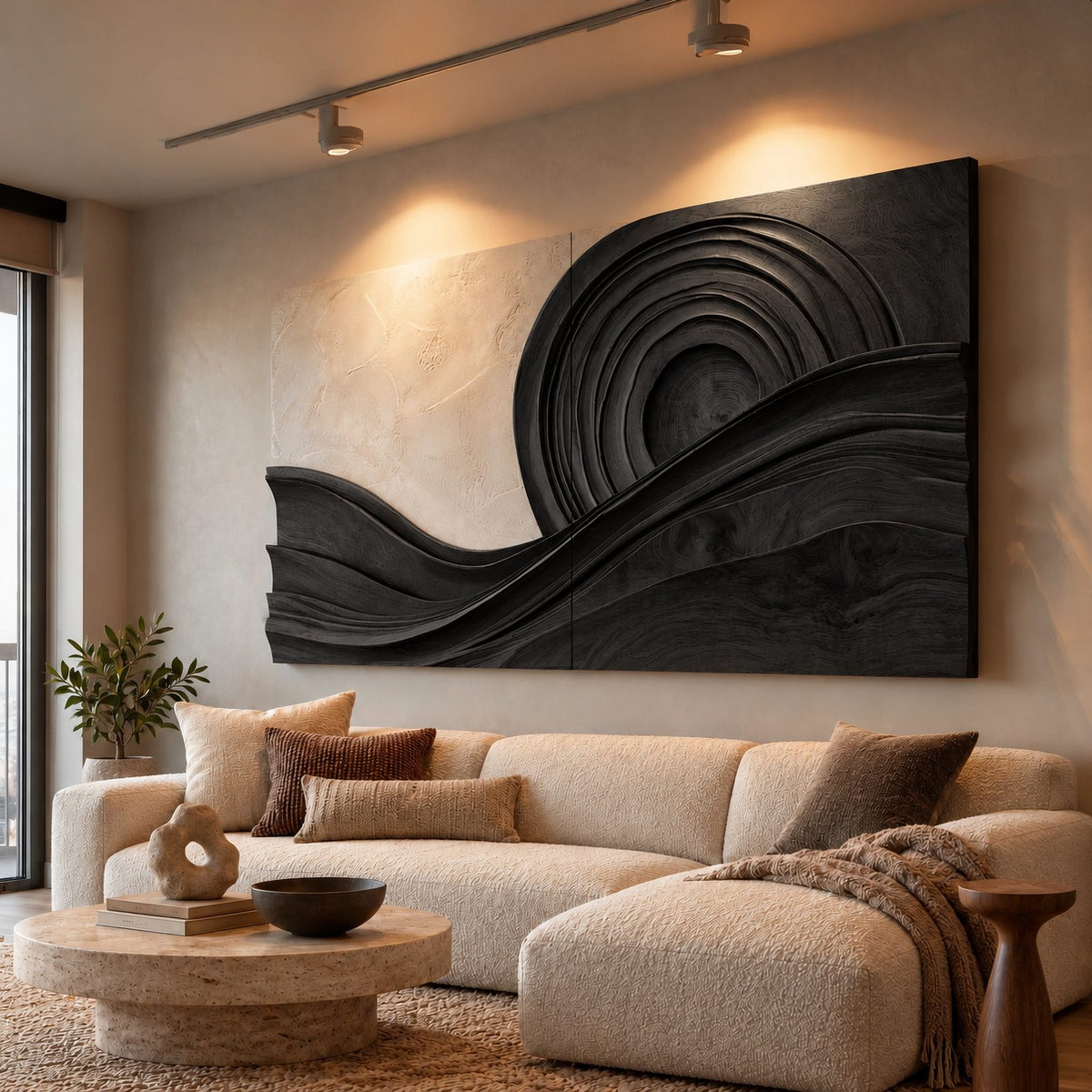 Modern Wood Wall Art With Layered Spiral Wave For Living Room