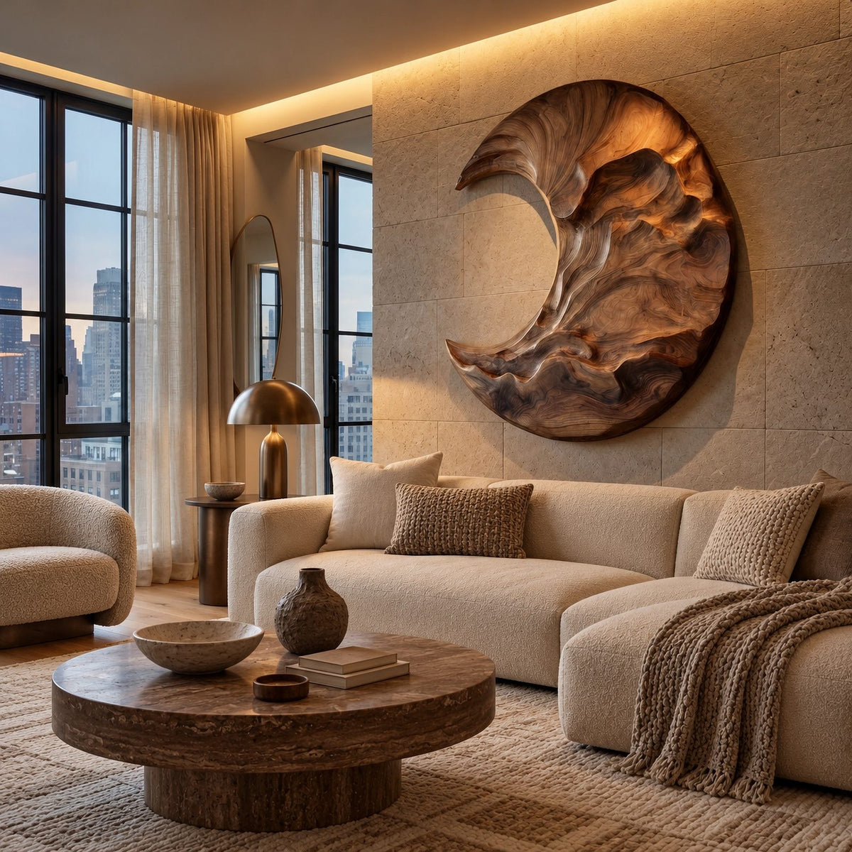 Contemporary Round Wood Wall Art With Crescent Moon Carving For Living Room