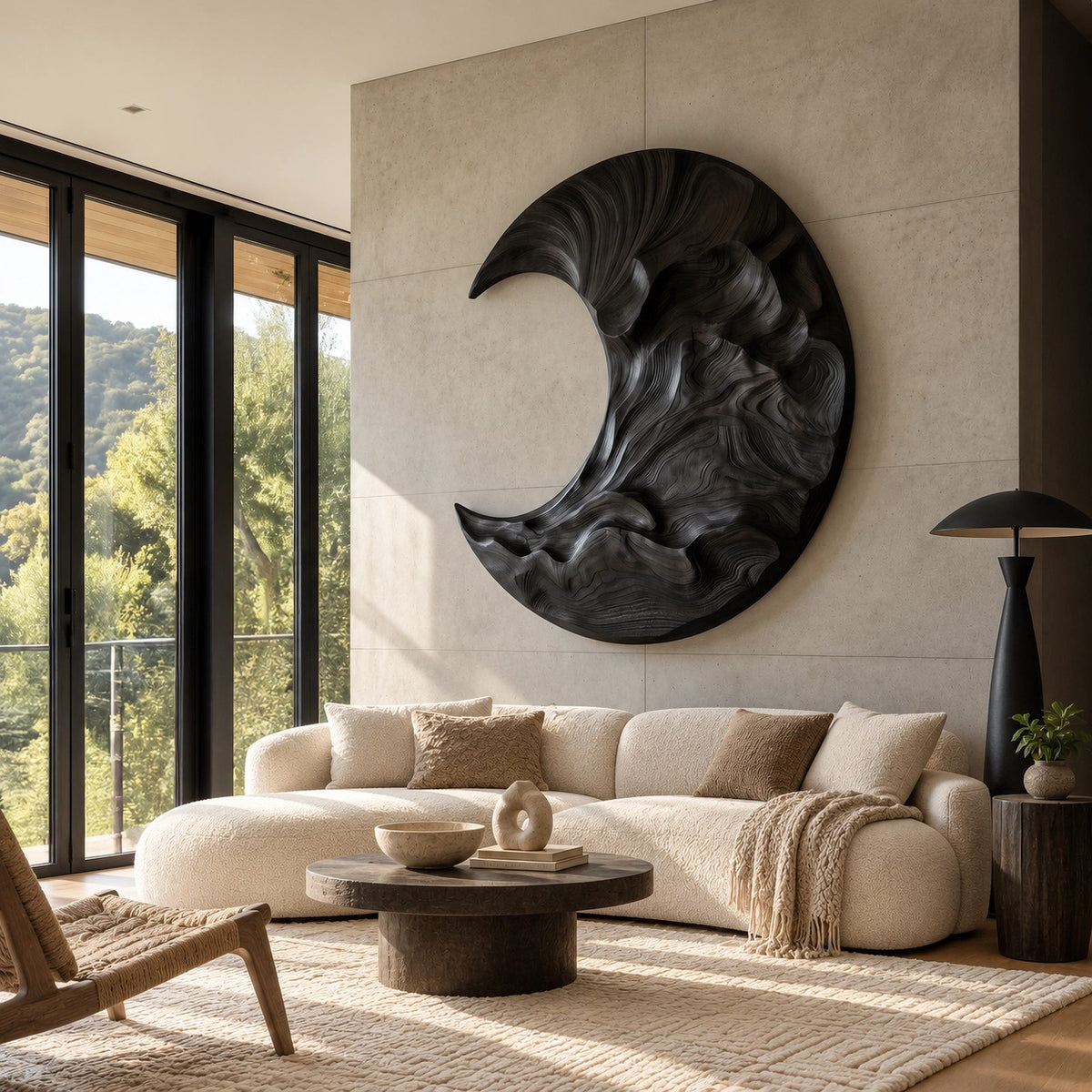 Contemporary Round Wood Wall Art With Crescent Moon Carving For Living Room