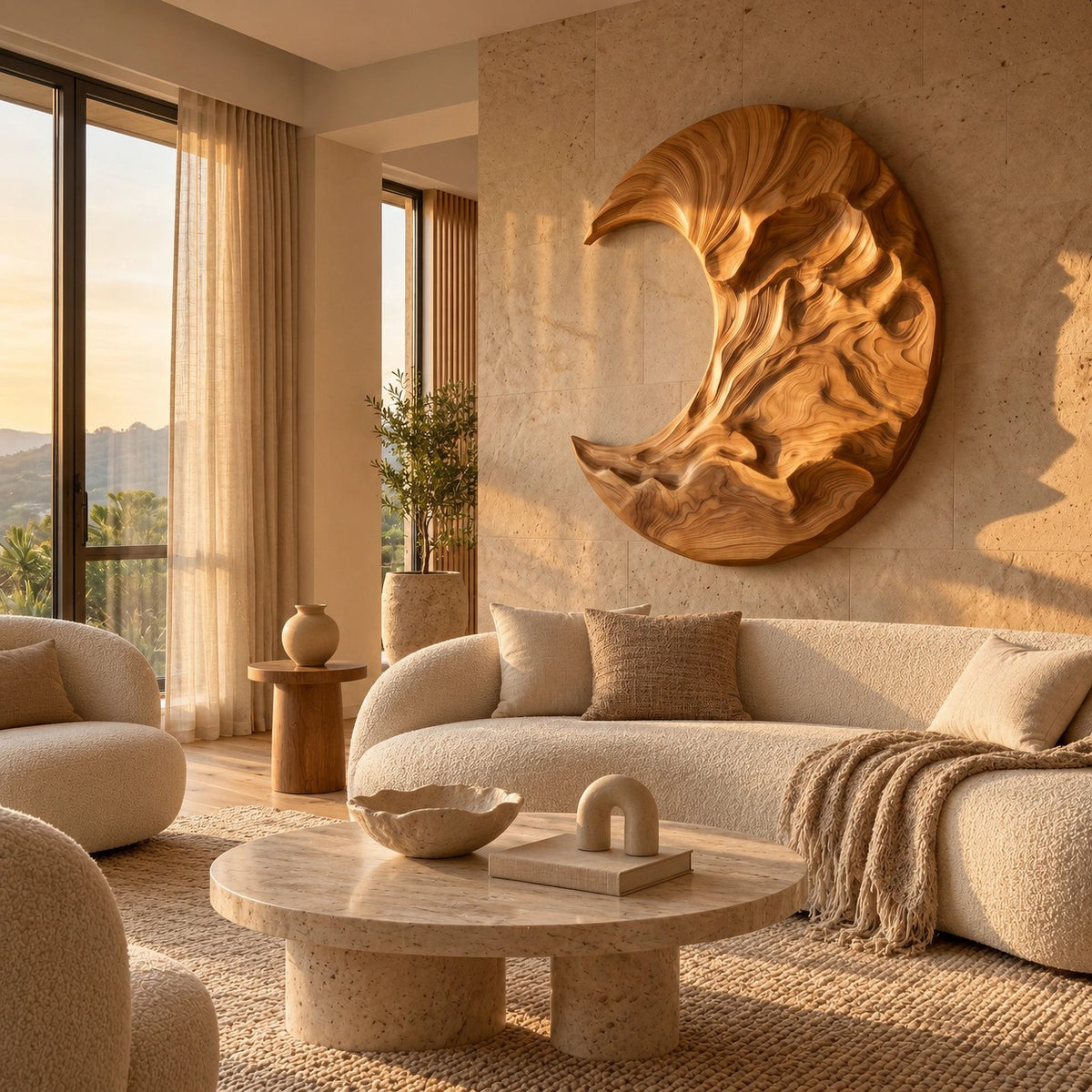Contemporary Round Wood Wall Art With Crescent Moon Carving For Living Room