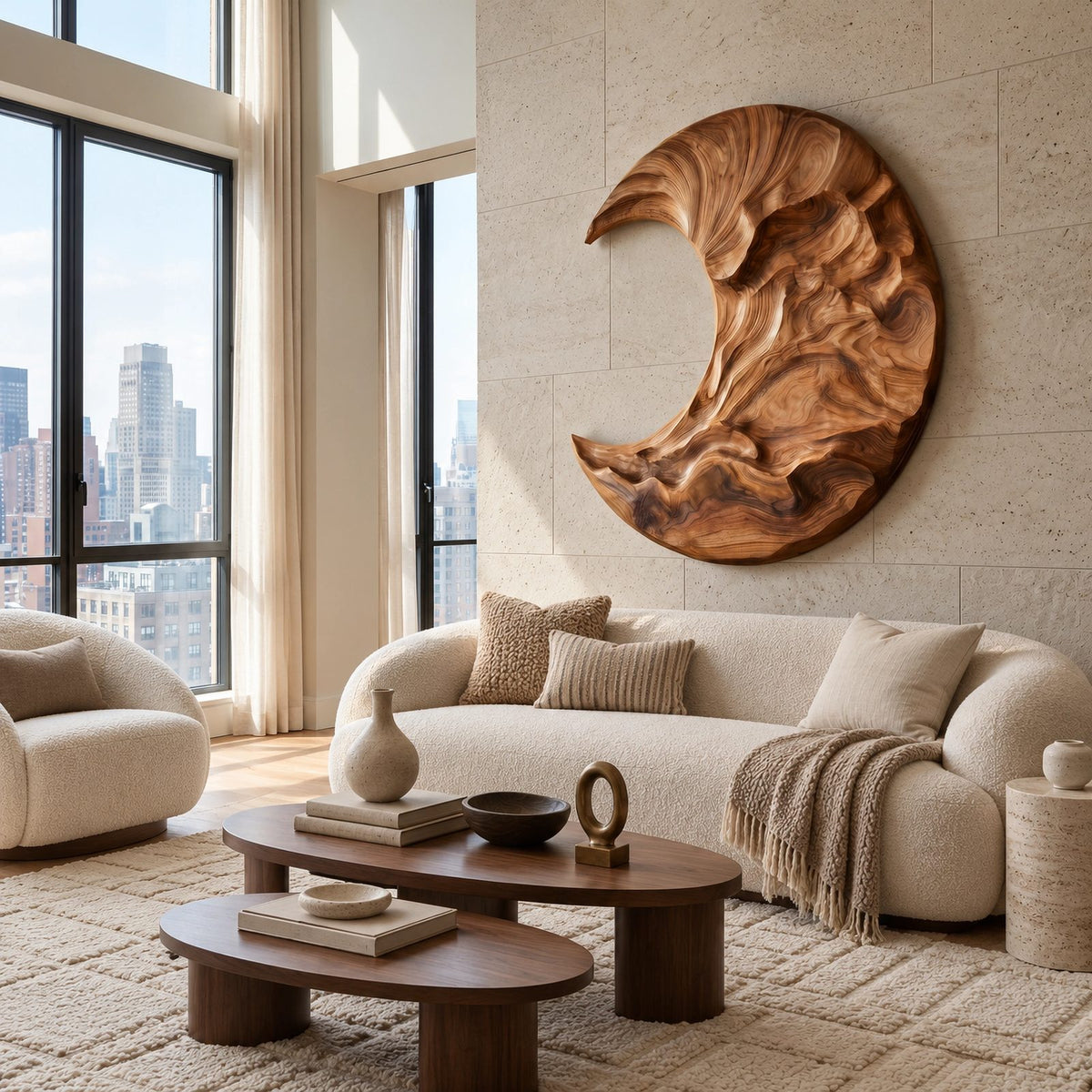 Contemporary Round Wood Wall Art With Crescent Moon Carving For Living Room