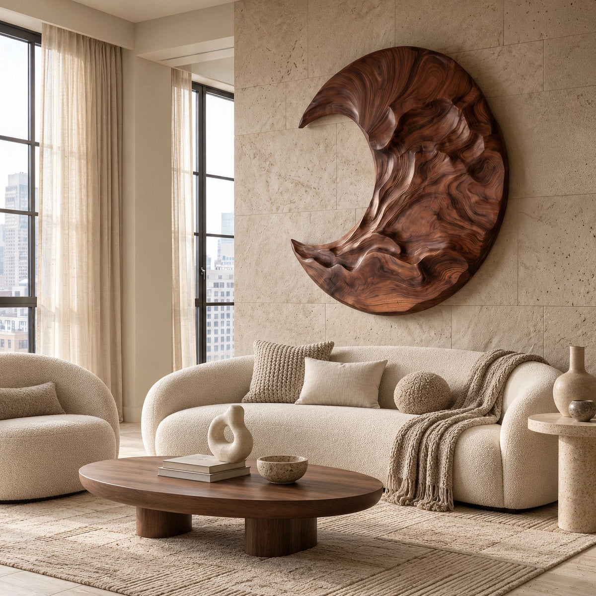 Contemporary Round Wood Wall Art With Crescent Moon Carving For Living Room