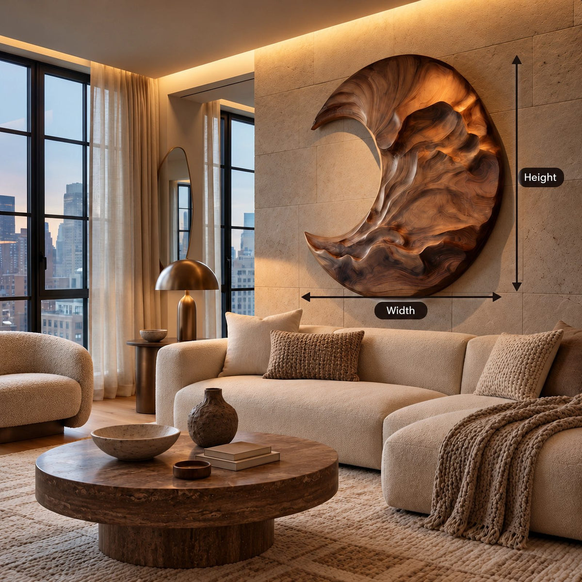 Contemporary Round Wood Wall Art With Crescent Moon Carving For Living Room