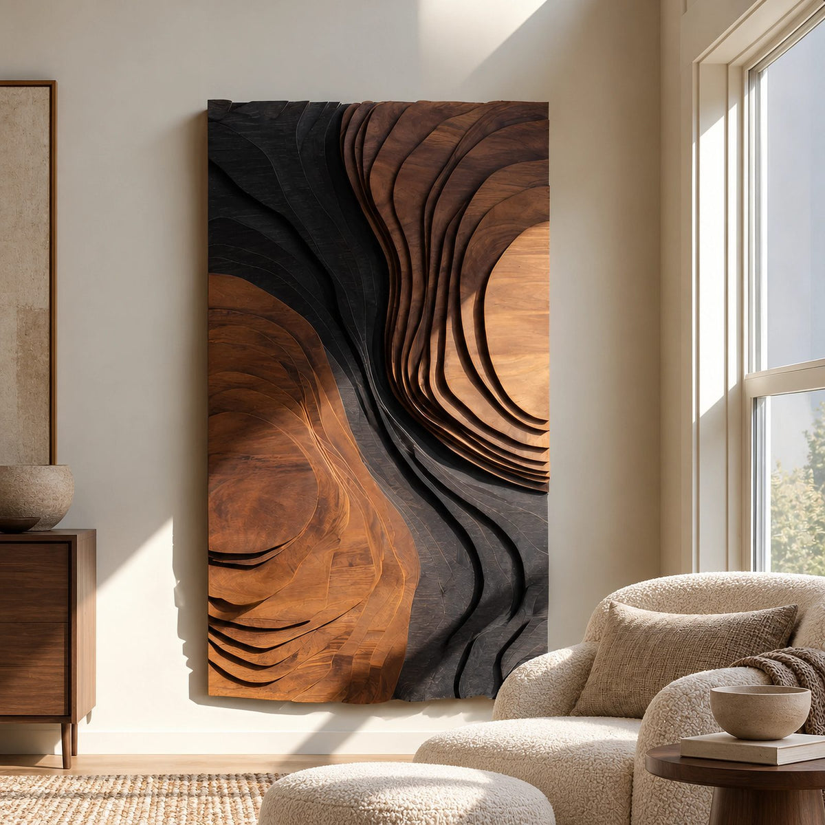 Mid Century Wood Wall Art With Organic Carved Form For Entryway