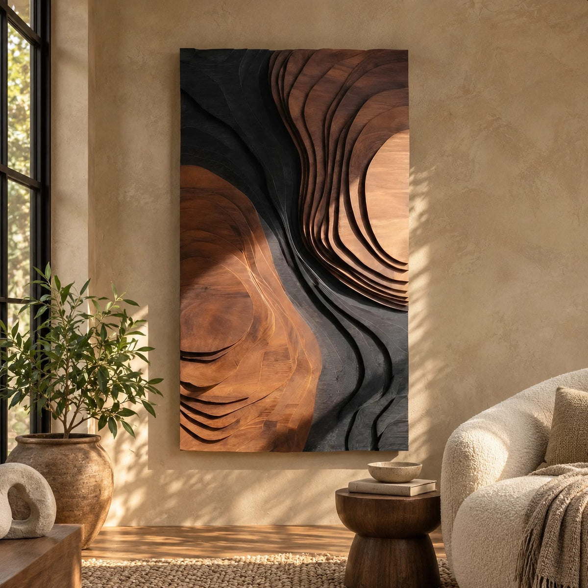 Mid Century Wood Wall Art With Organic Carved Form For Entryway
