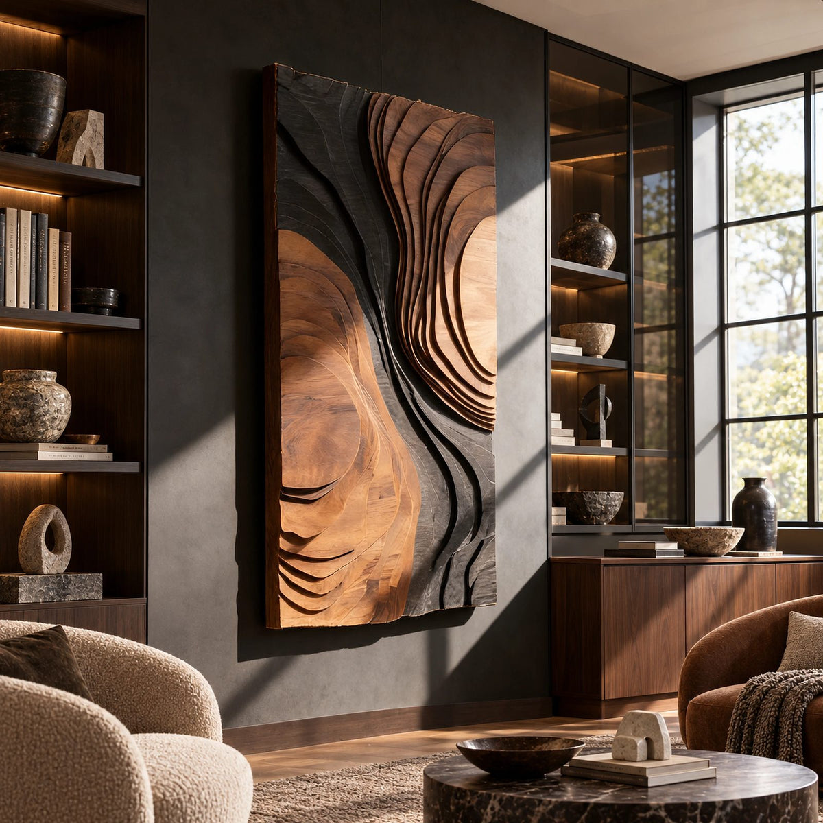 Mid Century Wood Wall Art With Organic Carved Form For Entryway