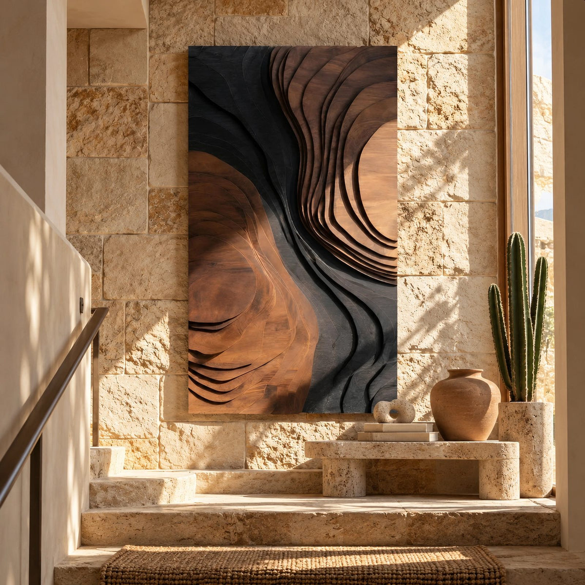 Mid Century Wood Wall Art With Organic Carved Form For Entryway