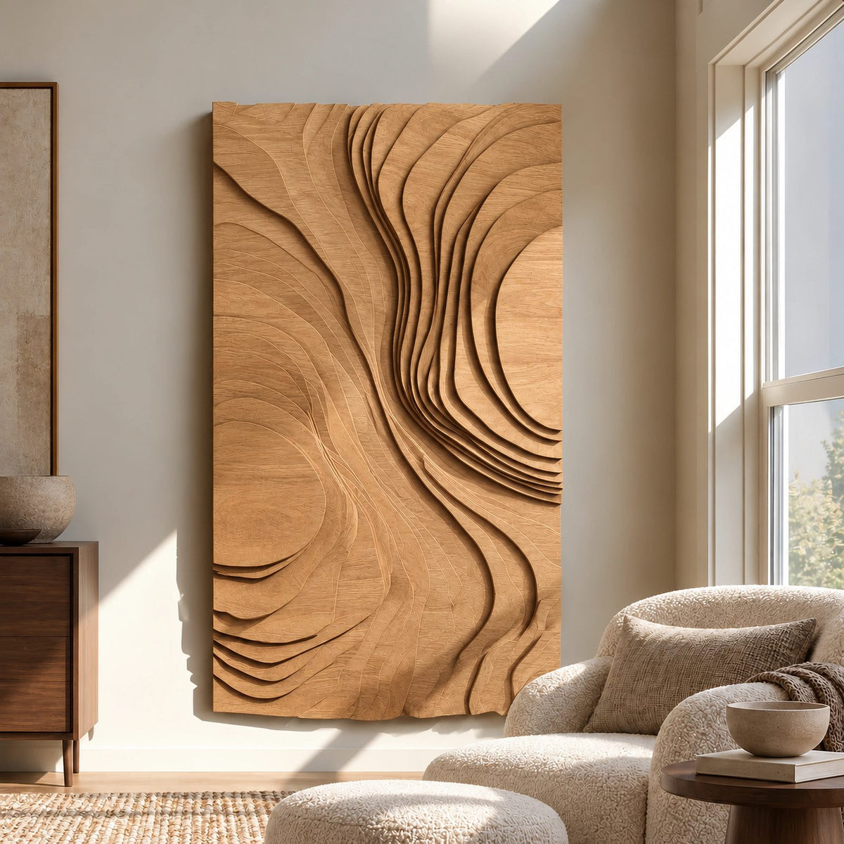 Mid Century Wood Wall Art With Organic Carved Form For Entryway