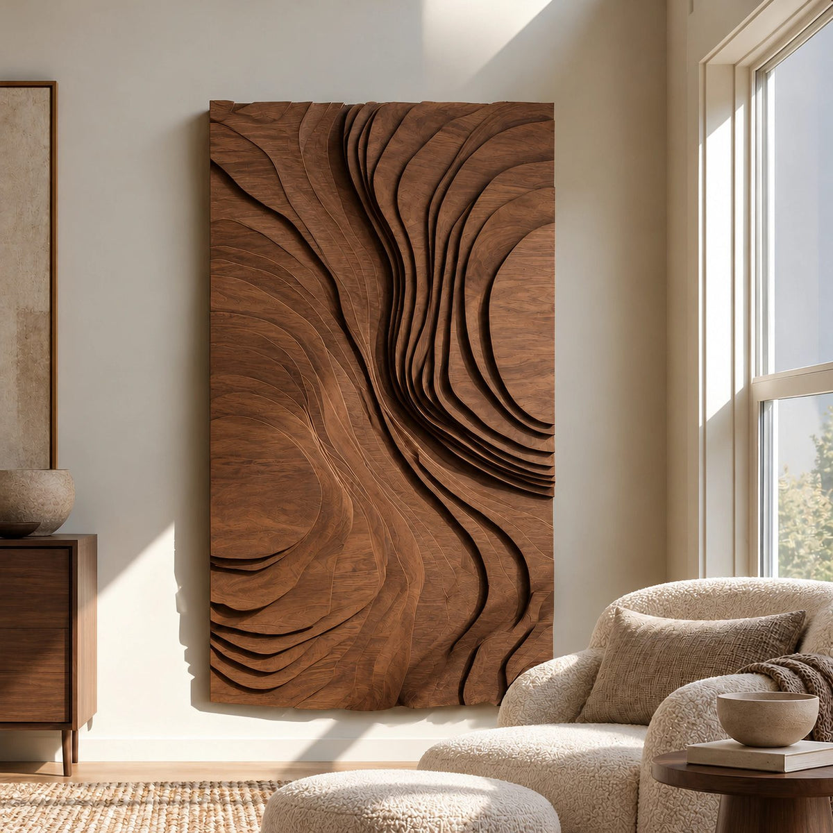 Mid Century Wood Wall Art With Organic Carved Form For Entryway