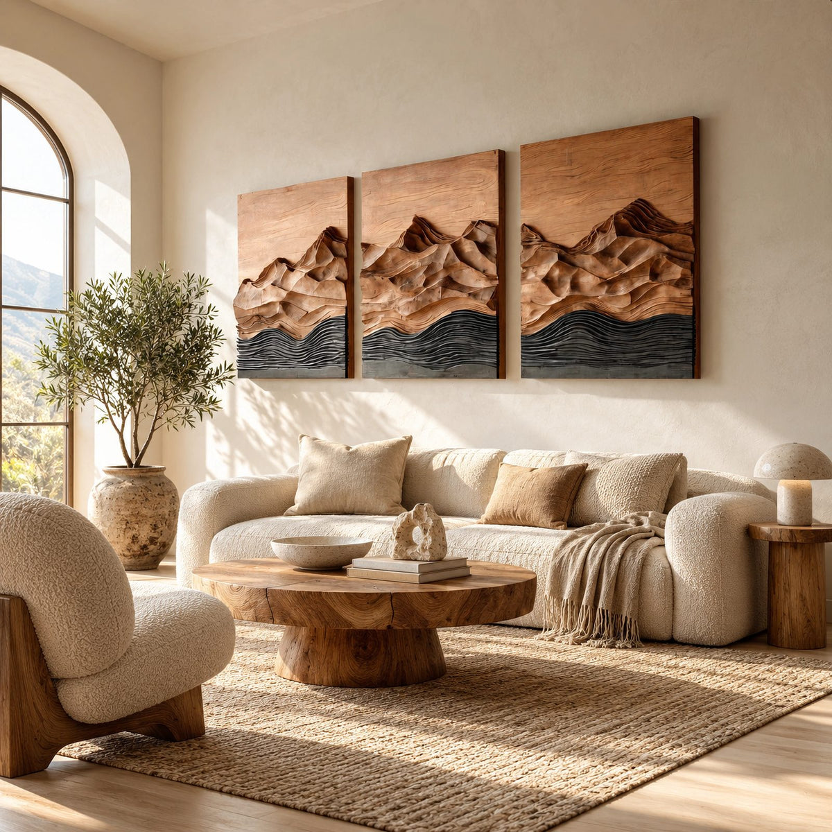 Rustic 3 Panel Wood Wall Art With Carved Mountain Design For Living Room