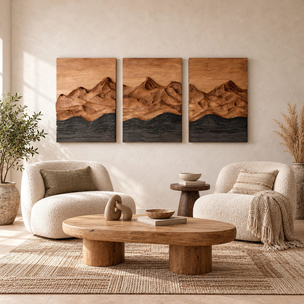 Rustic 3 Panel Wood Wall Art With Carved Mountain Design For Living Room