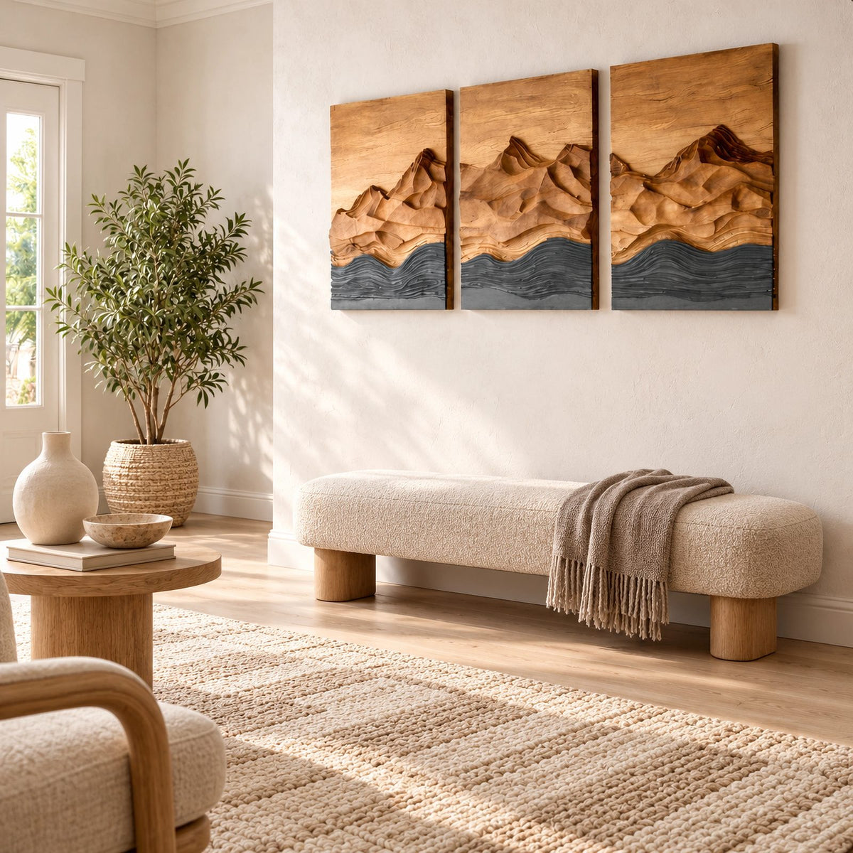 Rustic 3 Panel Wood Wall Art With Carved Mountain Design For Living Room