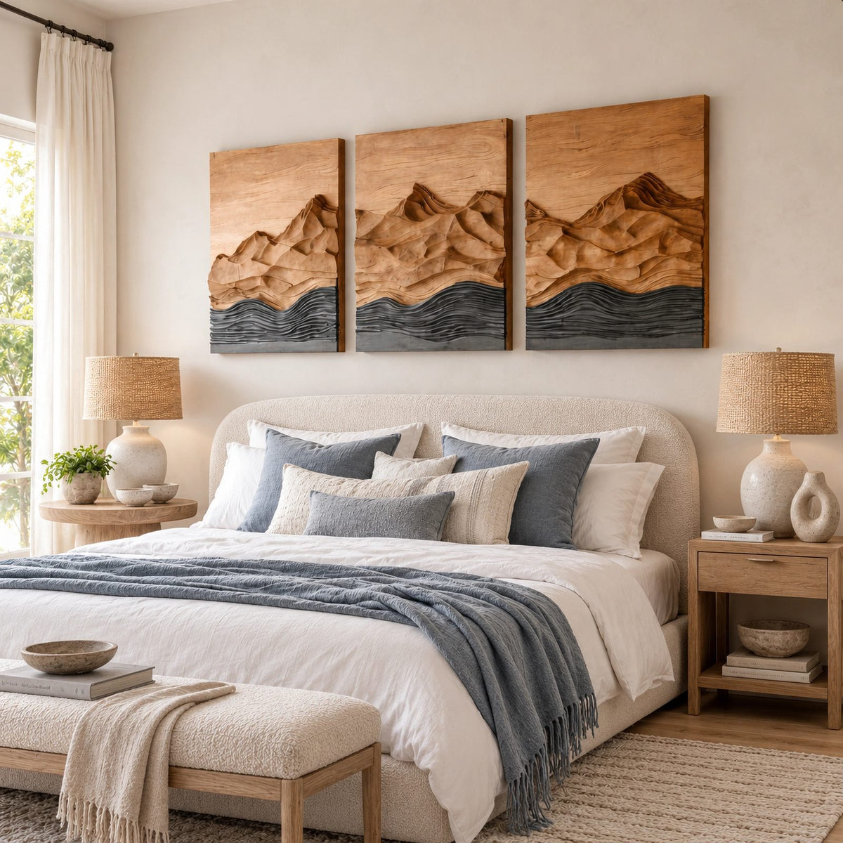 Rustic 3 Panel Wood Wall Art With Carved Mountain Design For Living Room
