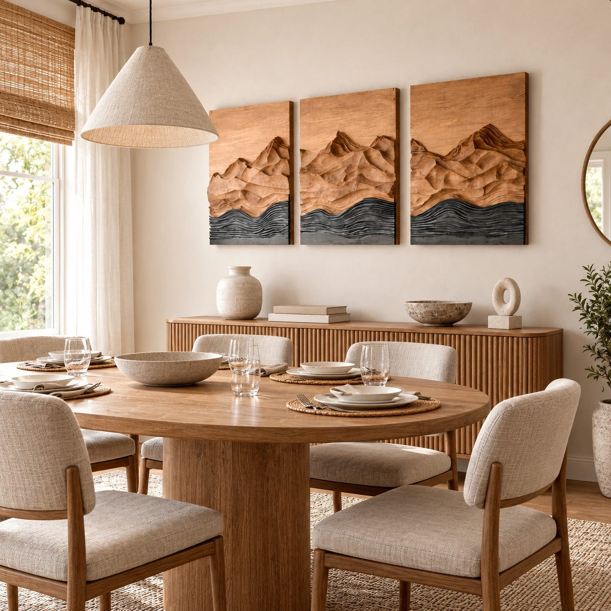 Rustic 3 Panel Wood Wall Art With Carved Mountain Design For Living Room