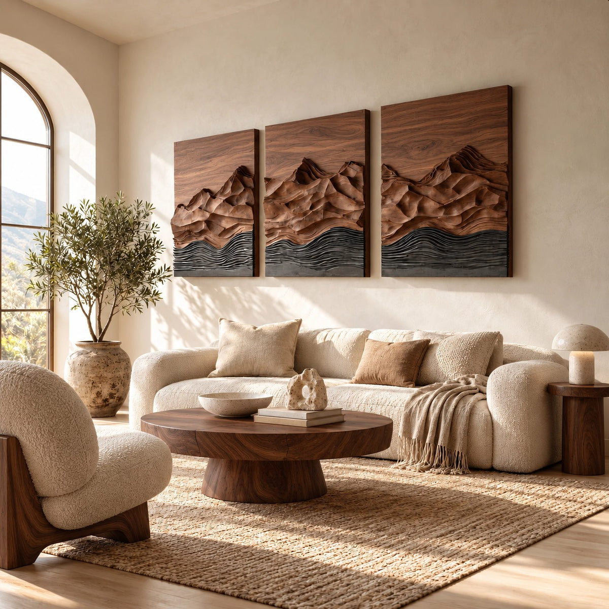 Rustic 3 Panel Wood Wall Art With Carved Mountain Design For Living Room