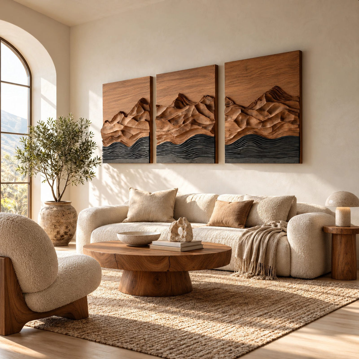 Rustic 3 Panel Wood Wall Art With Carved Mountain Design For Living Room
