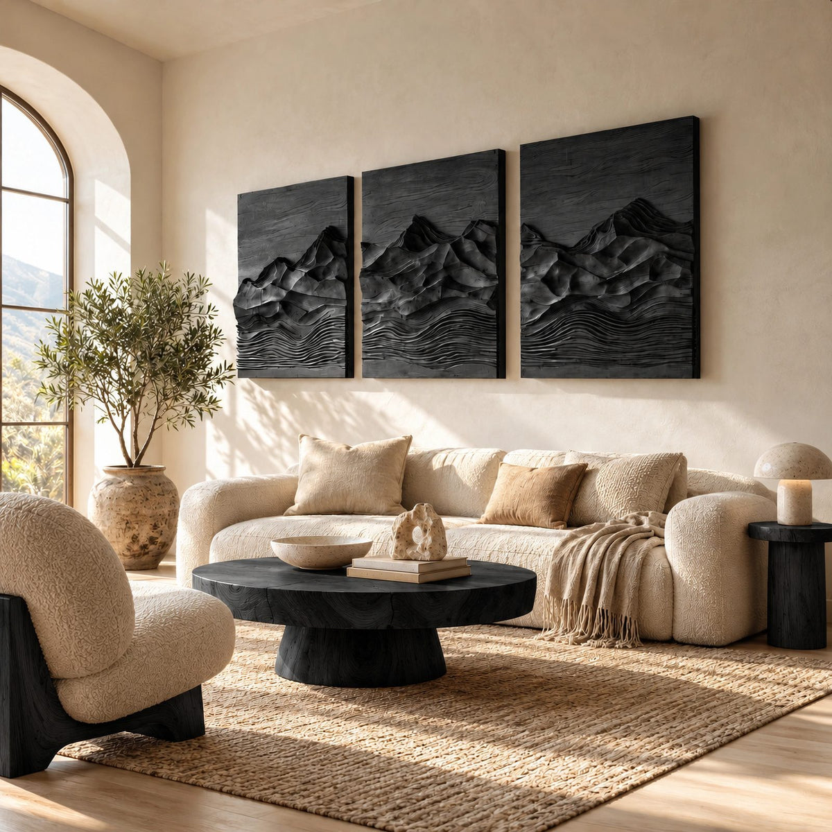 Rustic 3 Panel Wood Wall Art With Carved Mountain Design For Living Room