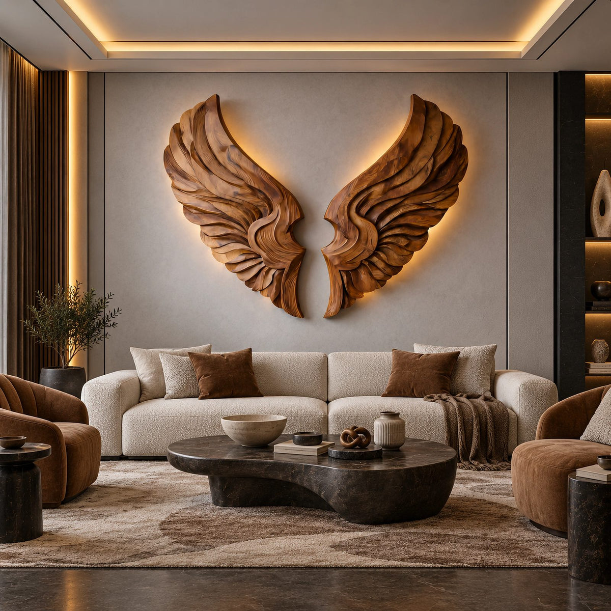 Handcrafted Wood Wall Art With Sculpted Wing Form For Living Room