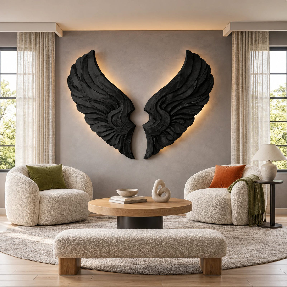 Handcrafted Wood Wall Art With Sculpted Wing Form For Living Room