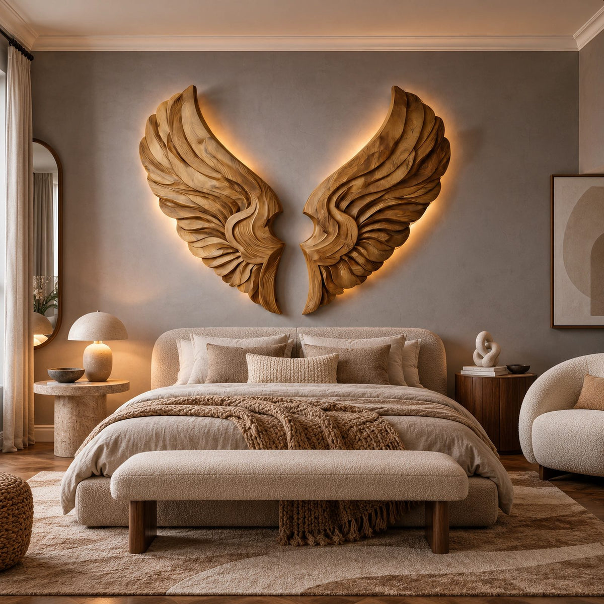 Handcrafted Wood Wall Art With Sculpted Wing Form For Living Room