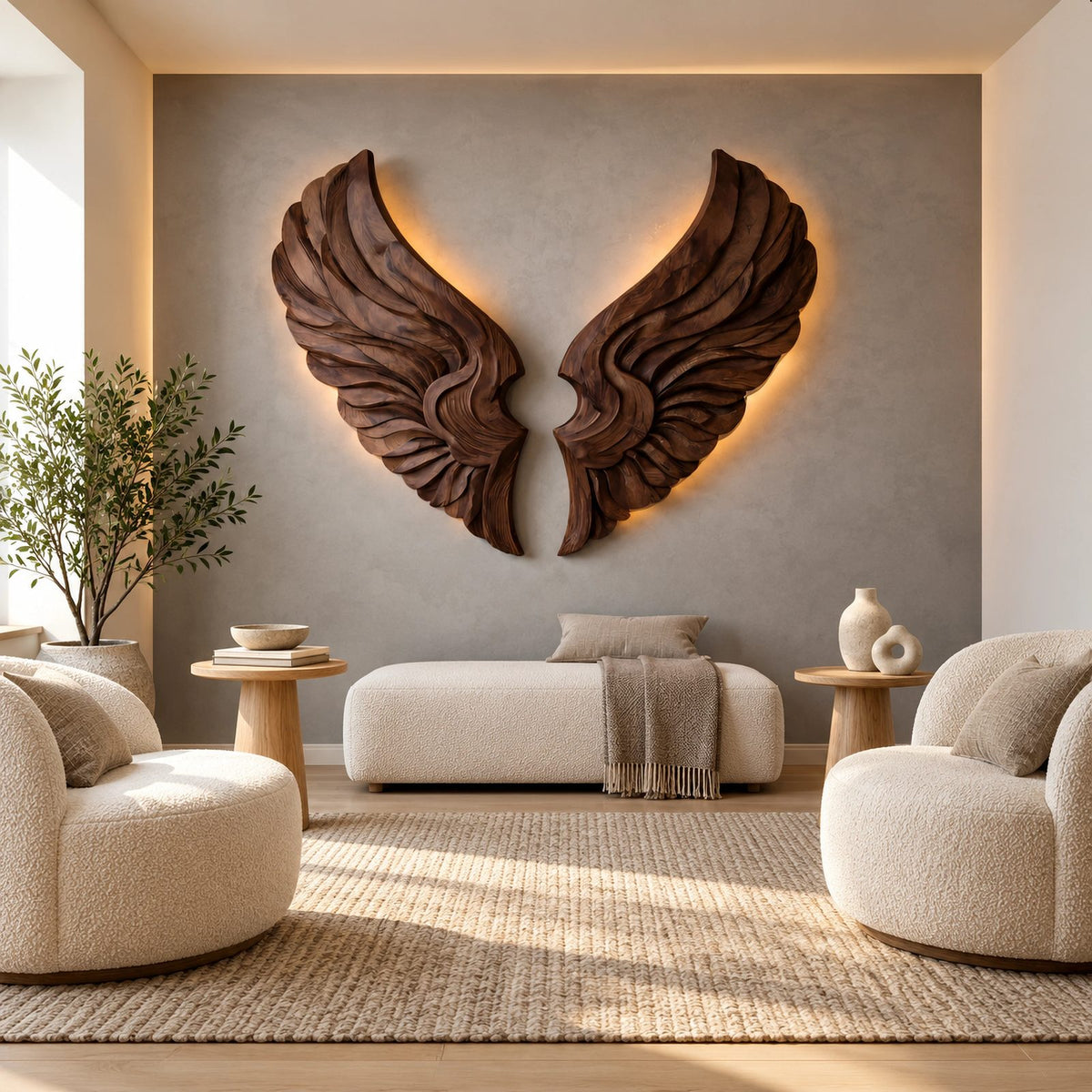 Handcrafted Wood Wall Art With Sculpted Wing Form For Living Room