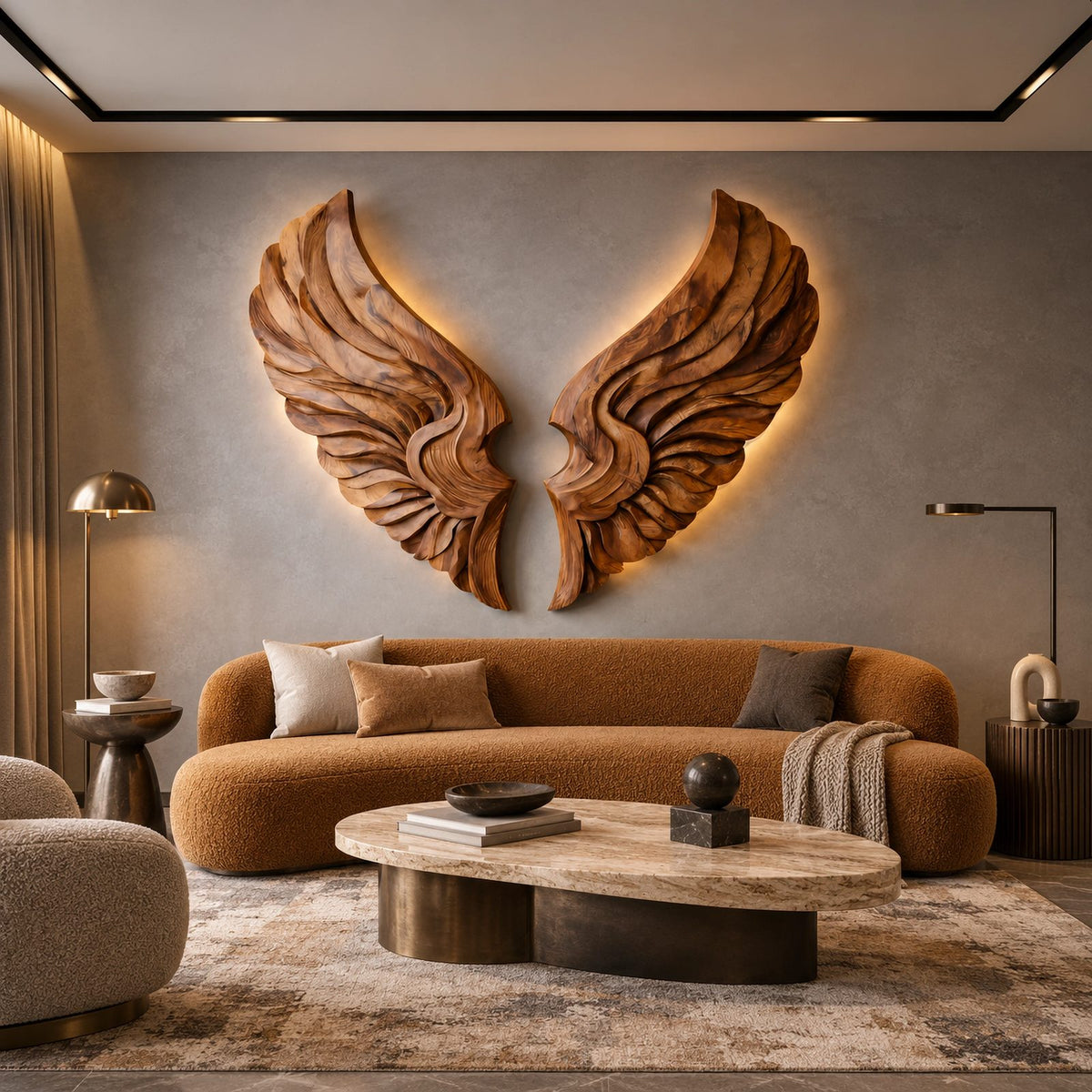 Handcrafted Wood Wall Art With Sculpted Wing Form For Living Room