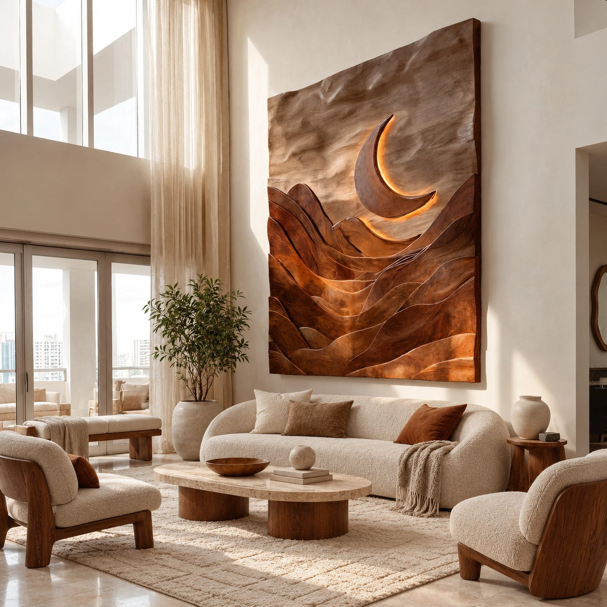 Sculptural Wood Wall Art With Carved Moon And Mountains For Bedroom
