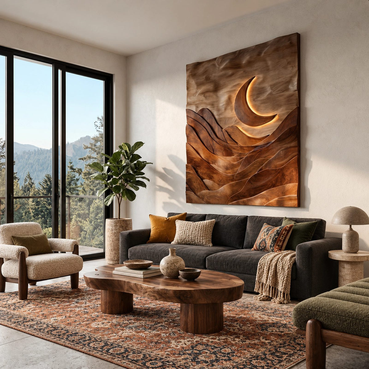 Sculptural Wood Wall Art With Carved Moon And Mountains For Bedroom
