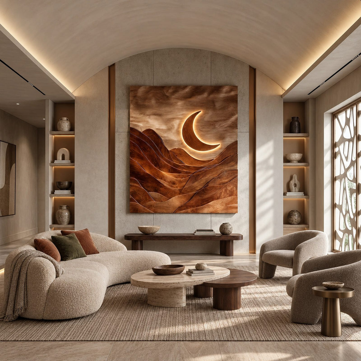 Sculptural Wood Wall Art With Carved Moon And Mountains For Bedroom